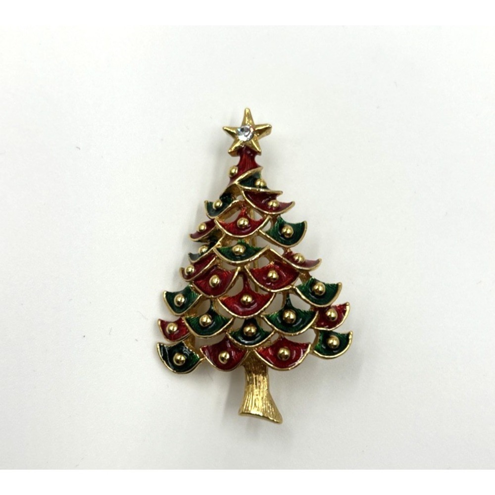 Vintage Gerrys Gold‎ Tone Enamel Green & Red Christmas Tree Brooch